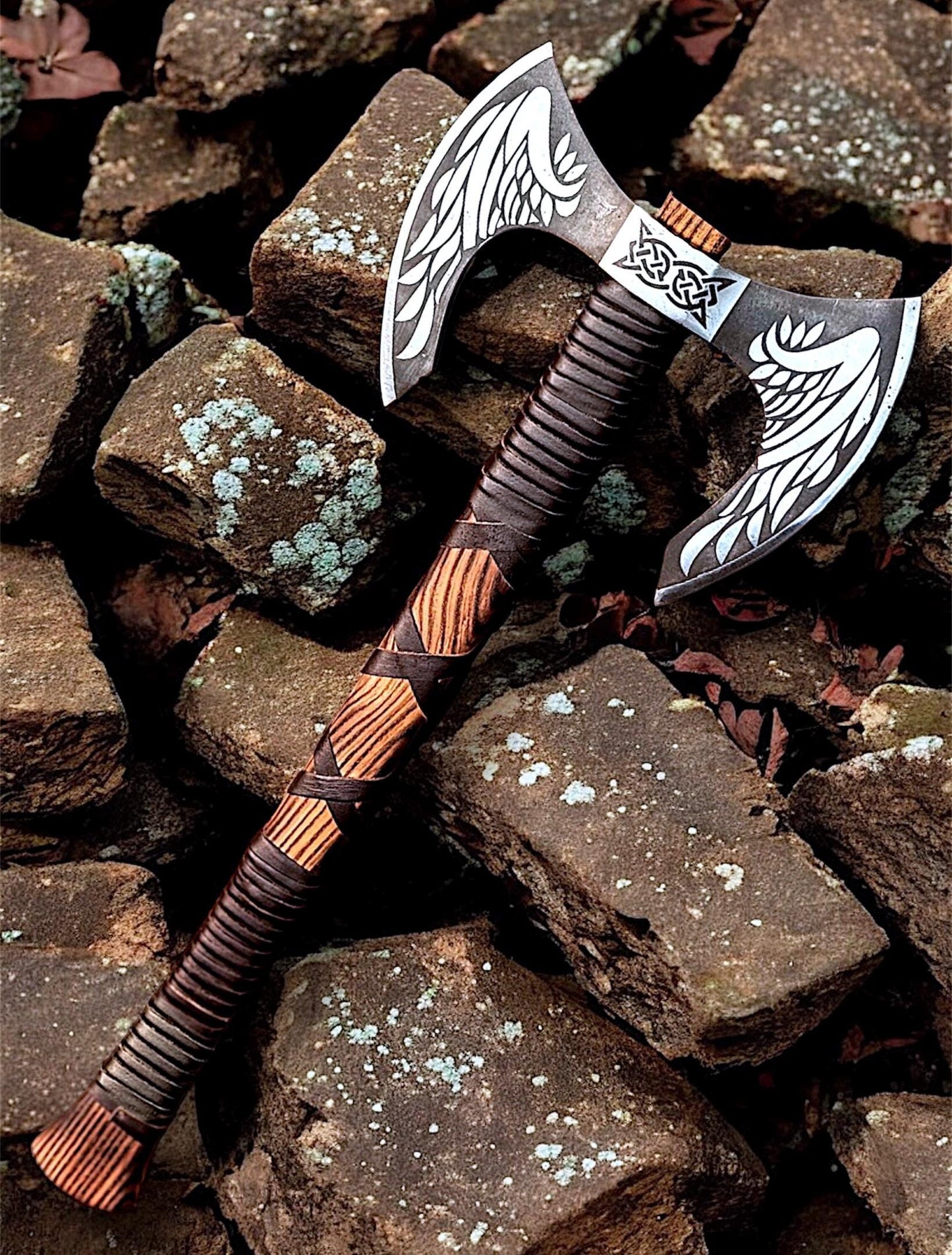 Hand Forged Viking Double Headed Axe – Wing Etched Norse Carbon Steel Axe