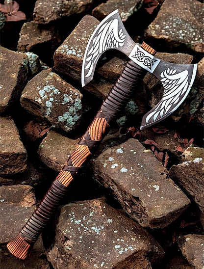 Hand Forged Viking Double Headed Axe – Wing Etched Norse Carbon Steel Axe
