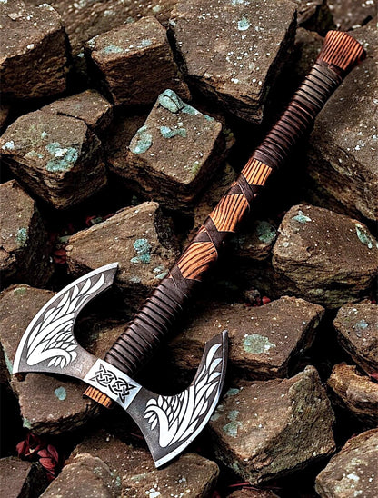 Hand Forged Viking Double Headed Axe – Wing Etched Norse Carbon Steel Axe
