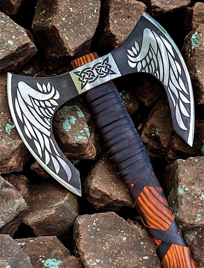 Hand Forged Viking Double Headed Axe – Wing Etched Norse Carbon Steel Axe
