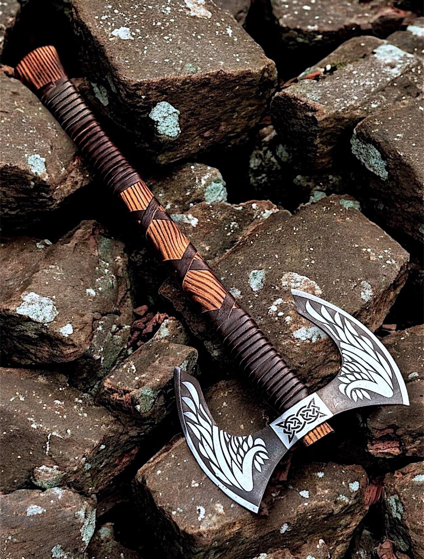 Hand Forged Viking Double Headed Axe – Wing Etched Norse Carbon Steel Axe