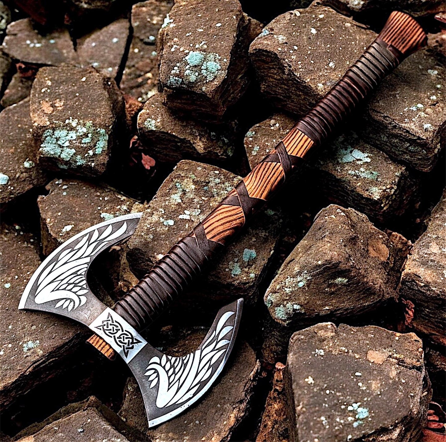 Hand Forged Viking Double Headed Axe – Wing Etched Norse Carbon Steel Axe