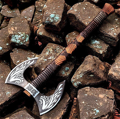Hand Forged Viking Double Headed Axe – Wing Etched Norse Carbon Steel Axe