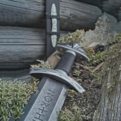 Hand Forged Damascus Steel Viking Sword – Northmen Norse Blade with Hardwood Scabbard
